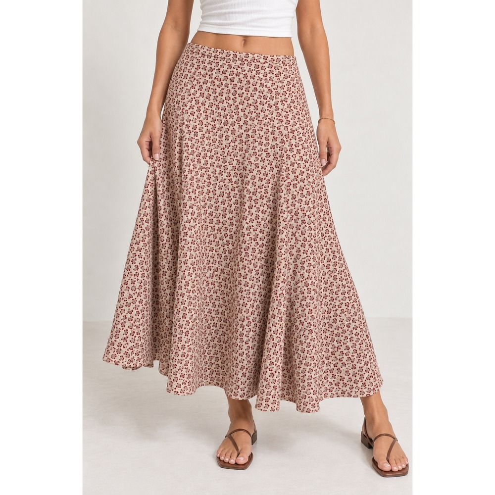 Anne Klein Womens Floral Midi Skirt Beige Red Cotton A-Line Size 8